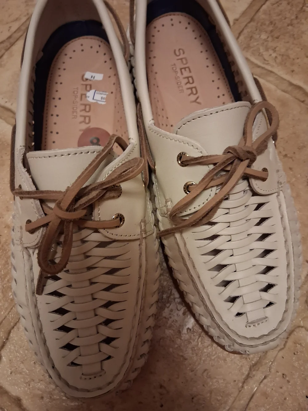 Sperry Cream Woven Leather Flats with Tan Laces
